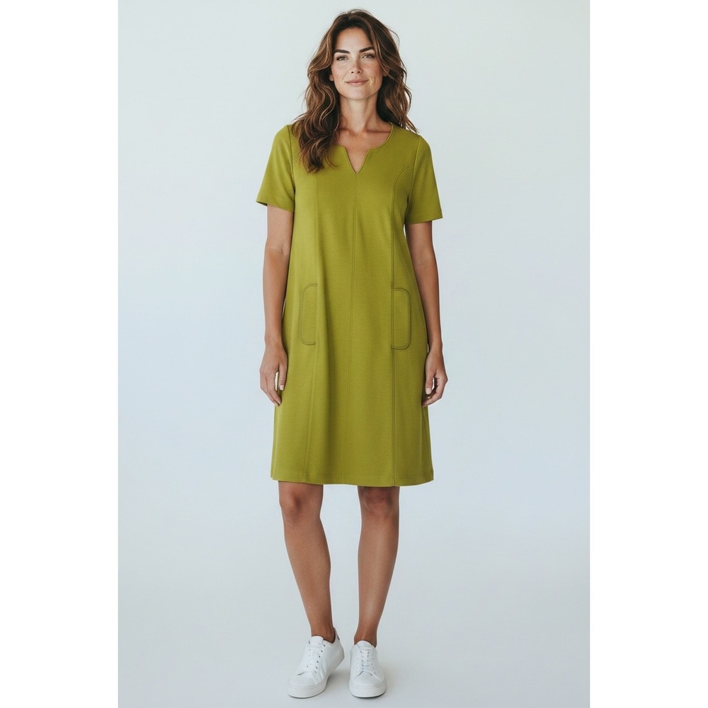 Boden Colette Ottoman Shift Dress 4R Olive Chartreuse Green Notch Neck Pockets